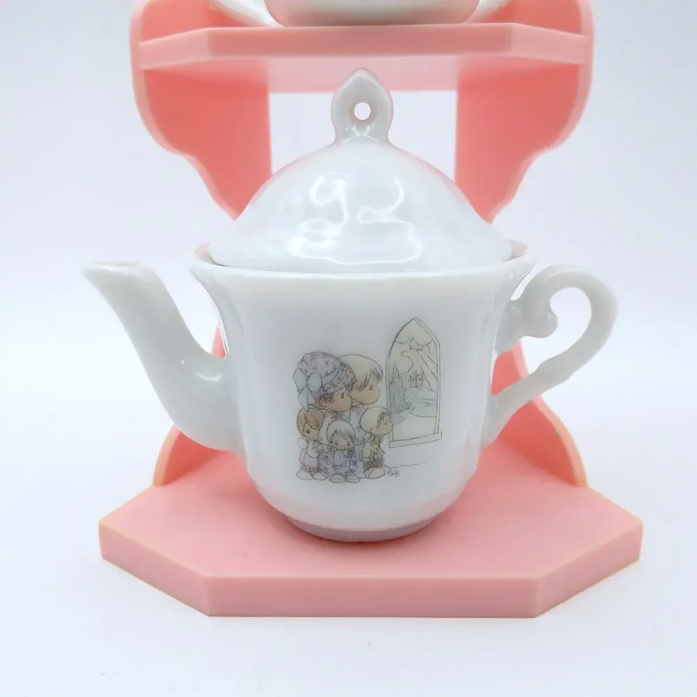 Vintage 1989 Precious Moments Miniature Tea Set Enesco Teapot Cup Saucer Stand